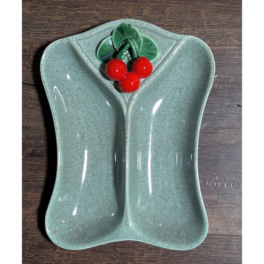 Vintage Jan's of California Green w/Cherry Cluster Divided Serving/Trinket Dish